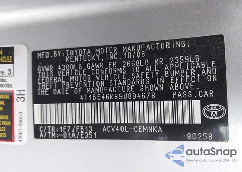 2009 Toyota Camry from USA, damaged, VIN 4T1BE46K89U894678